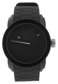Black analog watch with a round face, rubber band, textured dial, embossed hour markers, and a silver crown on the side.