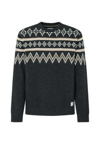 Maglione grigio scuro a maglia con collo tondo, caratterizzato da un giogo decorato con zigzag e diamanti in crema, marrone e verde oliva. Orlo e polsini a costine.