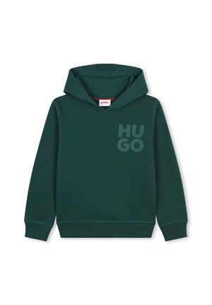 Sweat à capuche vert foncé avec des poignets côtelés. Présente un design en col en V et un grand logo "HUGO" en vert clair sur le devant.