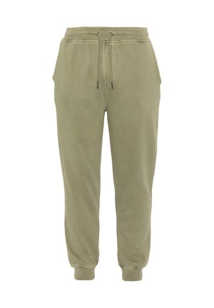Pantalon de jogging vert olive avec taille élastique, cordon ajustable, poches latérales et poignets côtelés aux chevilles.