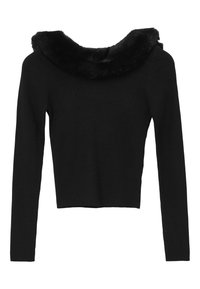 Schwarzes, geripptes Langarmoberteil mit einem breiten, weichen Kunstfellkragen. Kurzes Design mit einer strukturierten Oberfläche im gesamten Stoff.
