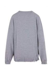 Gray sweatshirt with long sleeves, ribbed cuffs, and a gathered hem. Back view shows minimal detailing and a soft, smooth texture.