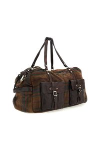 Borsa a tracolla in plaid marrone realizzata in lana con rifiniture in pelle, dotata di due tasche frontali, fibbie in metallo e robuste maniglie in pelle.