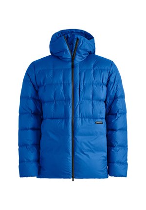 Blaues, gefüttertes Jackett mit Kapuze, ausgestattet mit einem gesteppten Design, einem Reißverschluss auf der Vorderseite und einem Logopatch. Glattes, leichtes Material mit Isolierung.