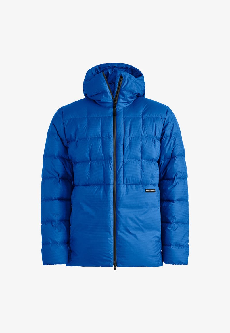 Blue puffer jacket with a hood, featuring a quilted design, vertical stitching, and a front zipper. Logo displayed on the lower right side.