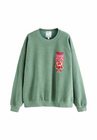 Oliven grøn sweatshirt i afslappet pasform, med ribbede manchetter og kant, samt et farverigt ferie-tema grafisk print på brystet. Materialet er en bomuldsblanding.