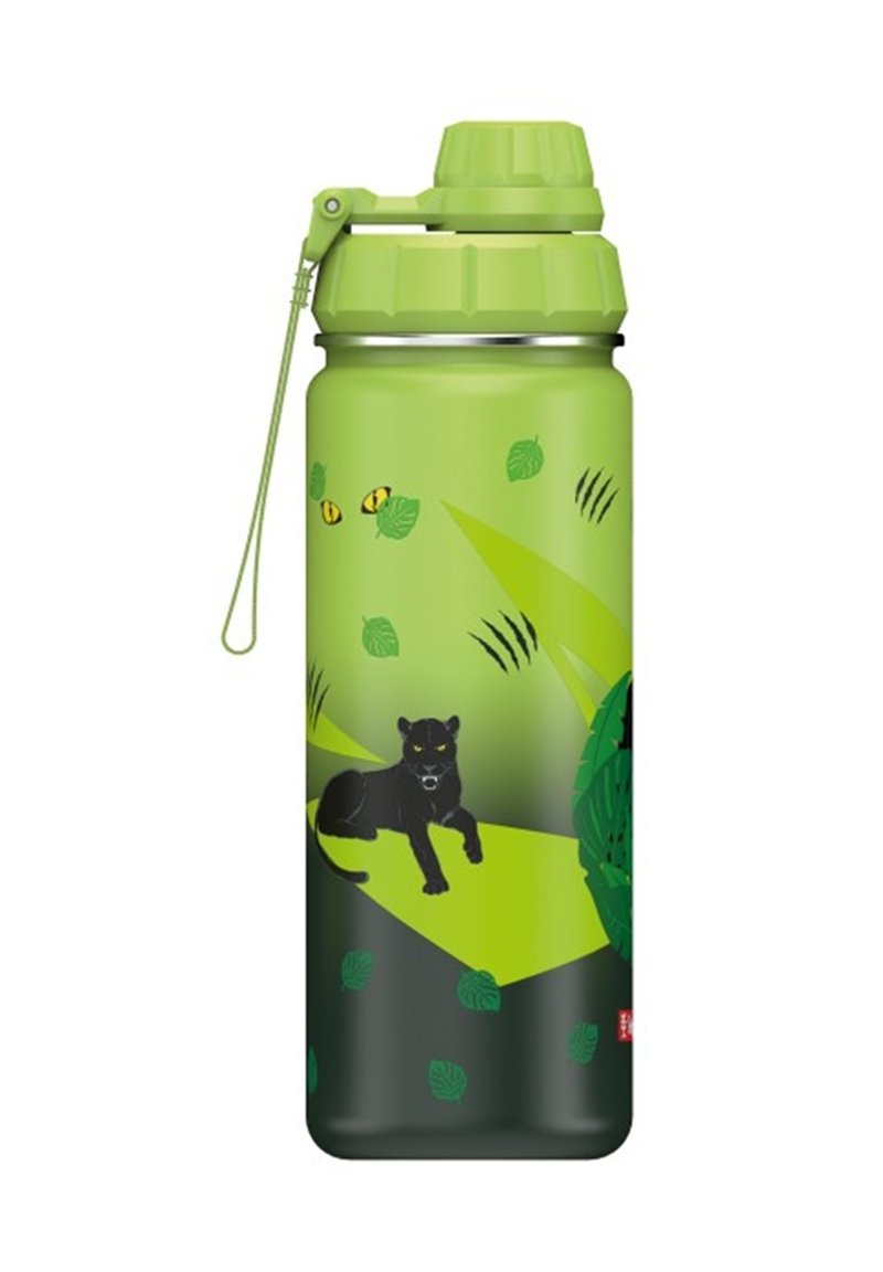 Alpen-grüne Wasserflasche mit einem geriffelten Deckel, der ein schwarzes Panther-Design zwischen grünen Blättern und abstrakten Mustern zeigt.