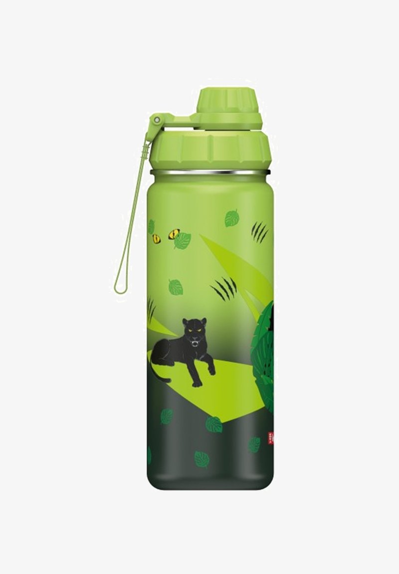 Alpen-grüne Wasserflasche mit einem geriffelten Deckel, der ein schwarzes Panther-Design zwischen grünen Blättern und abstrakten Mustern zeigt.