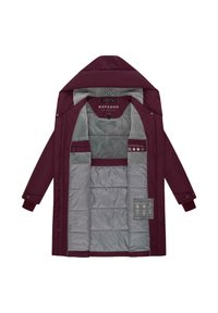 Burgundy parka jacket with a hood and gray interior lining, featuring zippered pockets and care instruction tags inside.
