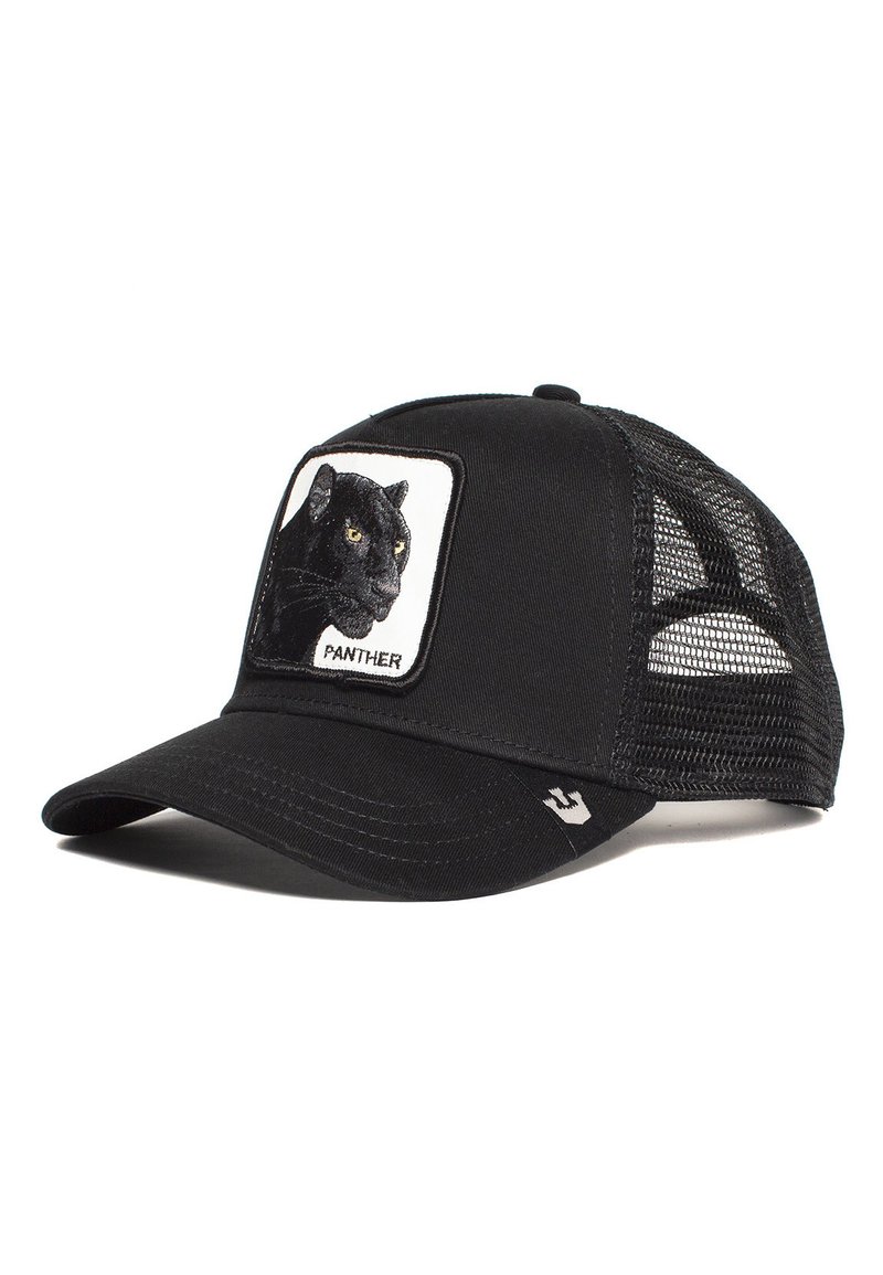 Gorra de béisbol negra con parte trasera de malla, que presenta un parche cuadrado con la cabeza de un panther negro y el texto "PANTHER" debajo.