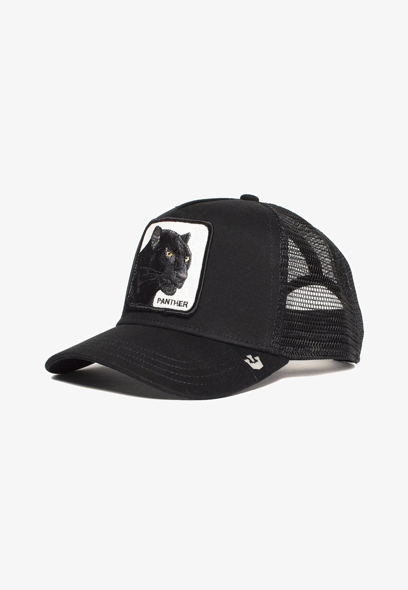 Sort baseball cap med mesh ryg, der har et kvadratisk mærke med et billede af et svart panthers hoved og teksten "PANTHER" nedenfor.