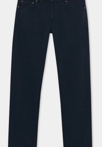 Pantaloni dritti blu scuro realizzati in tessuto misto cotone, dotati di apertura con bottone e zip, design a cinque tasche e dettagli in metallo dorato.
