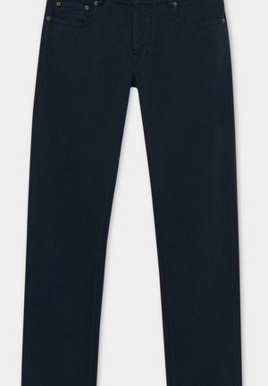 Dunkelmarineblaue Geradeschnitt-Hosen aus einem Baumwollmischgewebe, mit einem Knopf- und Reißverschluss, Fünf-Taschen-Design und Akzenten in goldfarbener Hardware.