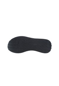 Black rubber shoe sole with a wavy tread pattern, featuring a central groove and embossed brand detail, providing traction and flexibility.