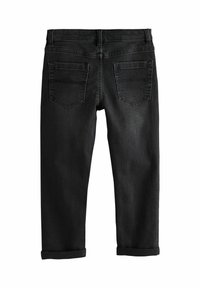 Jean en denim noir avec revers roulés, vue de dos montrant deux poches cousues et des passants de ceinture sur la taille.