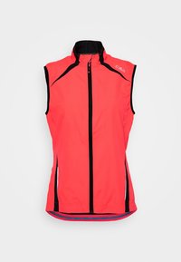 Ærmeløs vest i klar pink med sorte detaljer. Har en frontal lynlås, høj krave og ventilationsslids på siden. Letvægtsmateriale.