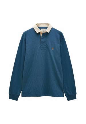 Long-sleeve blue rugby shirt with beige collar, buttoned placket, ribbed cuffs, and small embroidered logo on the chest.
