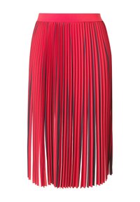 Jupe plissée rouge avec une finition texturée, présentant des rayures verticales et une taille élastique, créant une silhouette fluide.