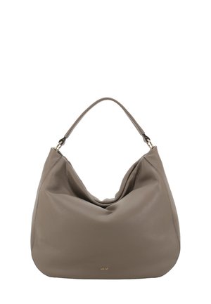 Hobo bag made of soft taupe leather, featuring a slouchy design, rounded shape, and a single strap with gold-tone hardware accents.