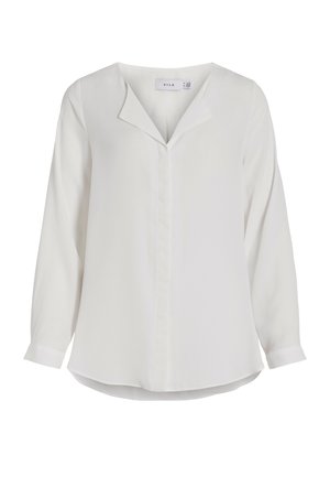 White long-sleeve blouse made of soft fabric, featuring a notched collar, a front placket, and a curved hemline.