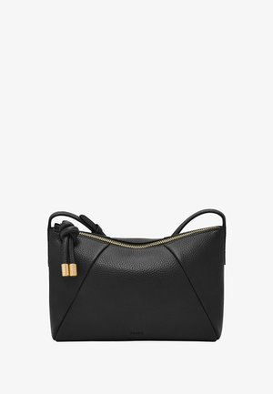 Schwarze, strukturierte Leder-Schultertasche mit gebogenem goldfarbenem Reißverschluss und geknotetem Riemen-Detail, rechteckige Form mit dezenten Panel-Akzenten.