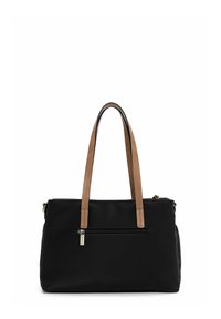 Borsa tote nera con manici in pelle marrone chiaro, dotata di una tasca frontale con zip e una forma strutturata. Texture liscia e design sobrio.