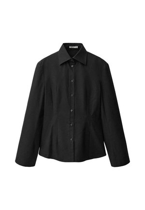 Czarna koszula zapinana na guziki z kołnierzykiem typu spread, długimi rękawami i dopasowanym krojem. Wykonana z gładkiego materiału z eleganckim wykończeniem i subtelnymi detalami szwów.