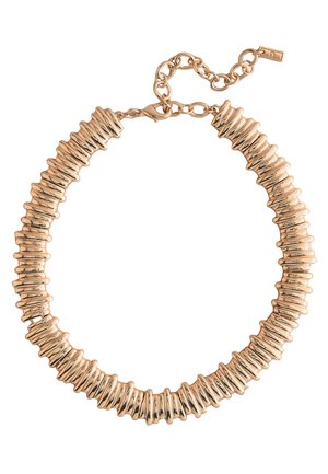 Gold-toned necklace featuring a series of textured, raised discs and a chain closure with a lobster clasp. Smooth, metallic finish.