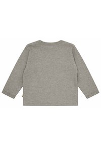 Graues Langarmshirt mit gerippter Textur, Rundhalsausschnitt und geradem Saum. Keine sichtbaren Marken oder Verzierungen vorhanden.