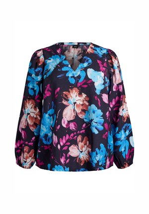 V-hals bluse med lange ærmer, der har en mørk base med store, farverige blomsterprint i blå, pink og brun. Let, blødt stof.