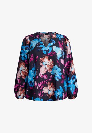 Blusa a manica lunga con scollo a V, caratterizzata da una base scura con grandi motivi floreali colorati in blu, rosa e marrone. Tessuto leggero e morbido.