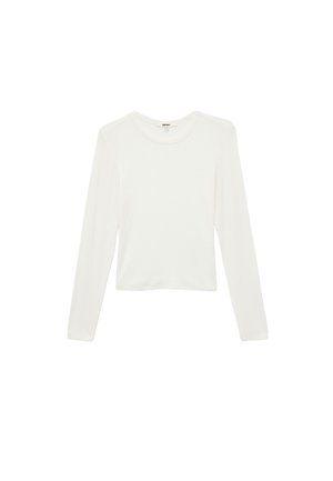 Korte mouw, cropped witte top van zachte stof met een ronde halslijn en subtiele stikseldetails op de schouders.
