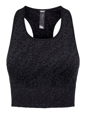 Reggiseno sportivo nero con motivo leopardato discreto, design a incrocio sulla schiena e etichetta interna con informazioni su marca e taglia.