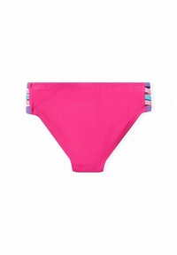 Slip da bagno rosa brillante con una texture liscia. Presenta bande colorate su ciascun lato. Taglio classico con una vestibilità aderente.