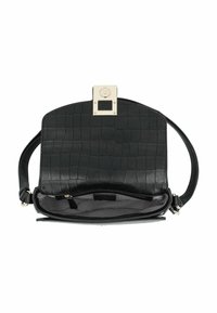 Borsa in pelle nera con texture coccodrillo, forma rettangolare, accessori in oro e interno a righe. Presenta una chiusura a scatto superiore.