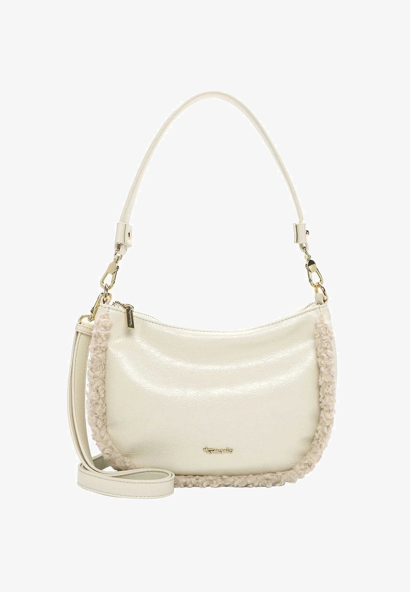 Weiße Handtasche aus Kunstleder mit strukturiertem cremefarbenem Textilbesatz und goldfarbenen Beschlägen. Verfügt über einen Reißverschlussverschluss und einen verstellbaren Tragegurt.