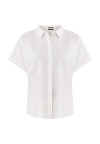 Biała lniana koszula z krótkim rękawem, zapinana na guziki z klasycznym kołnierzykiem. Miła w dotyku i luźny krój. Bez wzorów i ozdób.