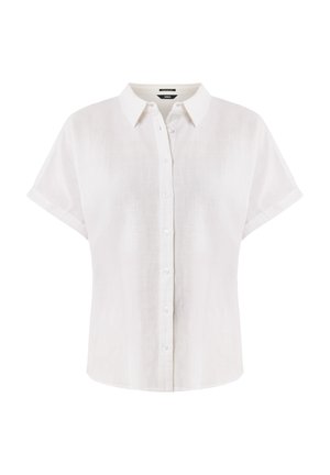Biała lniana koszula z krótkim rękawem, zapinana na guziki z klasycznym kołnierzykiem. Miła w dotyku i luźny krój. Bez wzorów i ozdób.