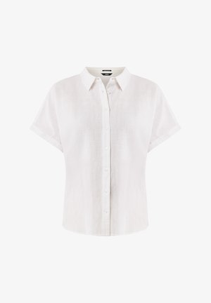 Biała lniana koszula z krótkim rękawem, zapinana na guziki z klasycznym kołnierzykiem. Miła w dotyku i luźny krój. Bez wzorów i ozdób.
