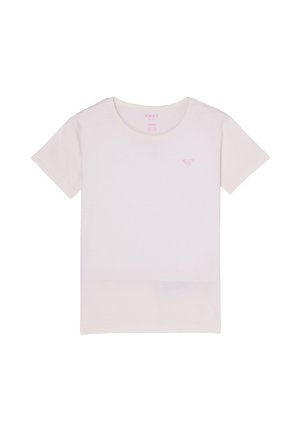 Schlichtes hellrosa T-Shirt mit kurzen Ärmeln, rundem Ausschnitt und kleinem hellrosa Logo auf der oberen linken Brustseite.