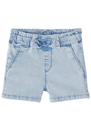 Short en jean bleu clair avec une taille élastique et un nœud en tissu à l'avant, avec deux poches latérales.
