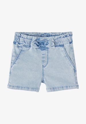 Short en jean bleu clair avec une taille élastique et un nœud en tissu à l'avant, avec deux poches latérales.