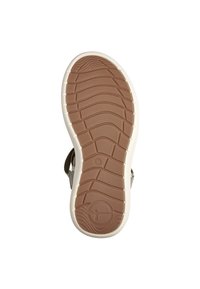 Brown rubber outsole with textured grip pattern, cream midsole, and olive green textile upper with back strap and side openings. Size 37.