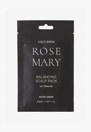 Schwarzer, wiederverschließbarer Beutel mit dem "ROSEMARY"-Logo. Der Text lautet "Balancing Scalp Pack mit Aktivkohle." Größe 50 ml. Schlichtes, modernes Design.