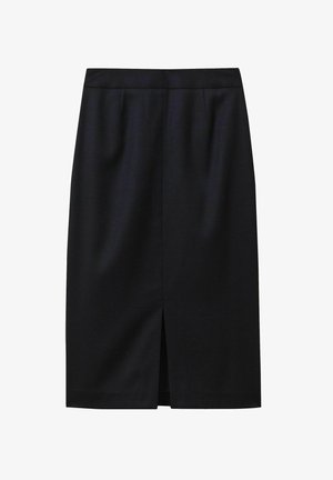 Gonna a tubino nera al ginocchio con un motivo texturizzato, vita aderente e uno spacco centrale all'orlo. Finitura in tessuto liscia.