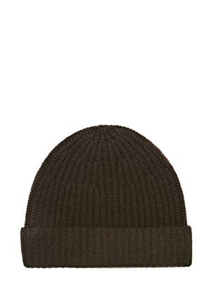 Cappello di lana lavorato a maglia di un marrone scuro con un motivo a coste testurizzato, caratterizzato da un risvolto alla base e una sommità arrotondata.