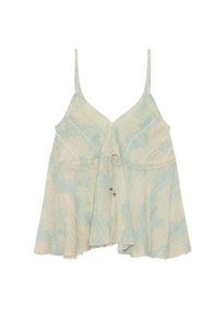 Top sin mangas de crema ligeramente texturizado con un patrón floral azul, tirantes ajustables y un cierre frontal con nudos y cuentas.
