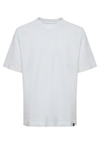 T-shirt blanc uni à manches courtes avec un col rond et une petite étiquette noire en bas sur fond blanc.