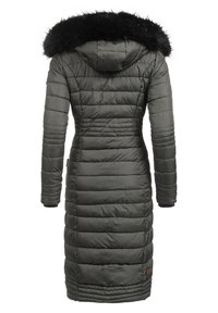 Padded long coat in dark gray with a faux fur hood. Features a quilted design, long sleeves, and elastic cuffs. Back view shown.
