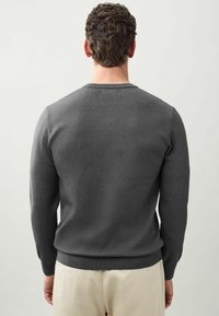Szary sweter z okrągłym dekoltem, prążkowanymi mankietami i dołem. Gładka tekstura i jednolity kolor. Tylny widok pokazuje minimalistyczny design bez wzorów.